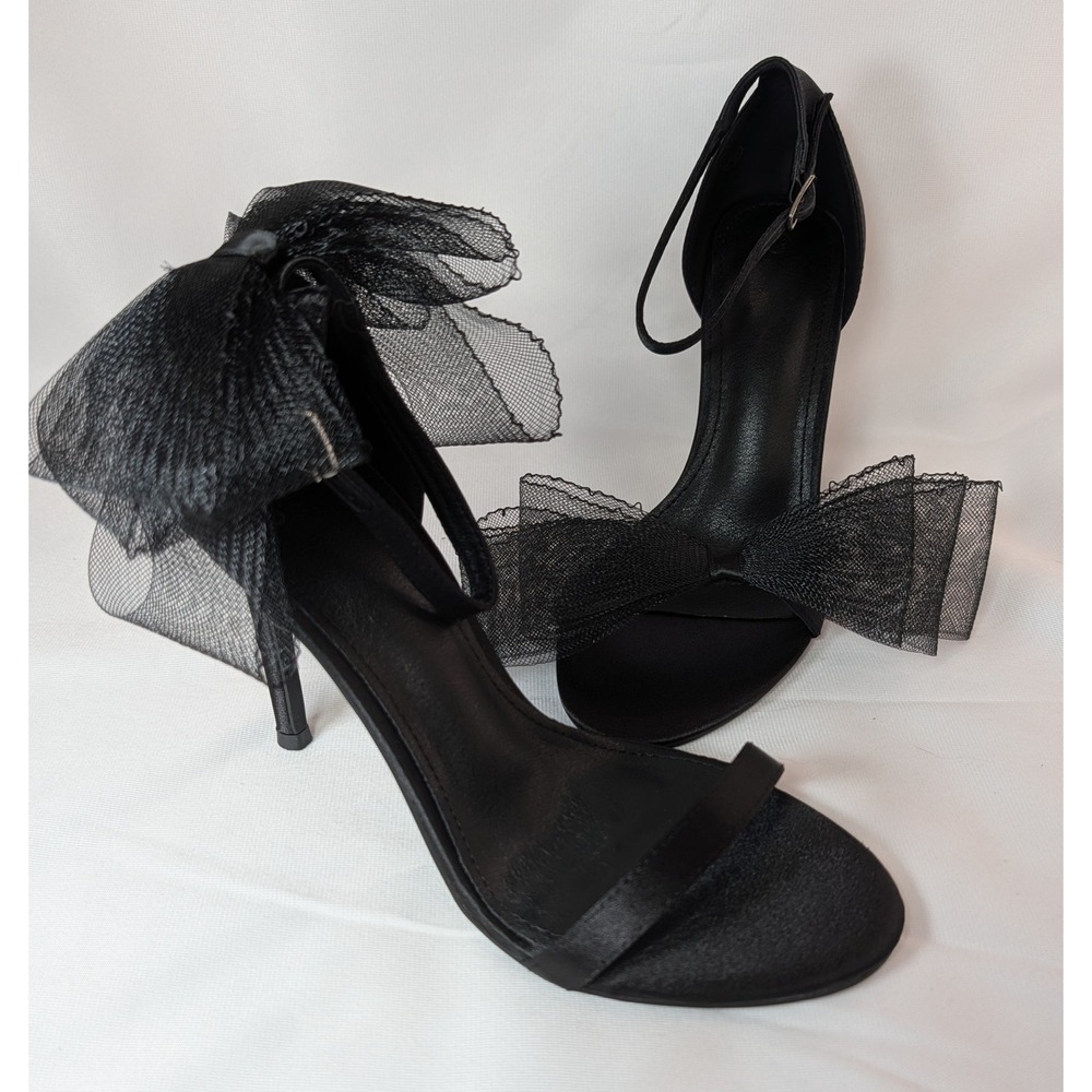 Black Satin Tulle Bow Stiletto Sandals Ankle Strap Evening Dress Heels Size 7.5